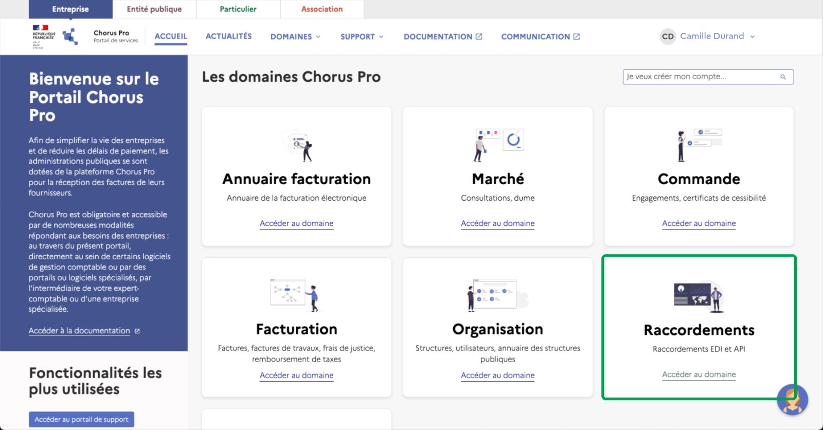 Portail Chorus Pro, page d'accueil, avec le domaine Raccordements