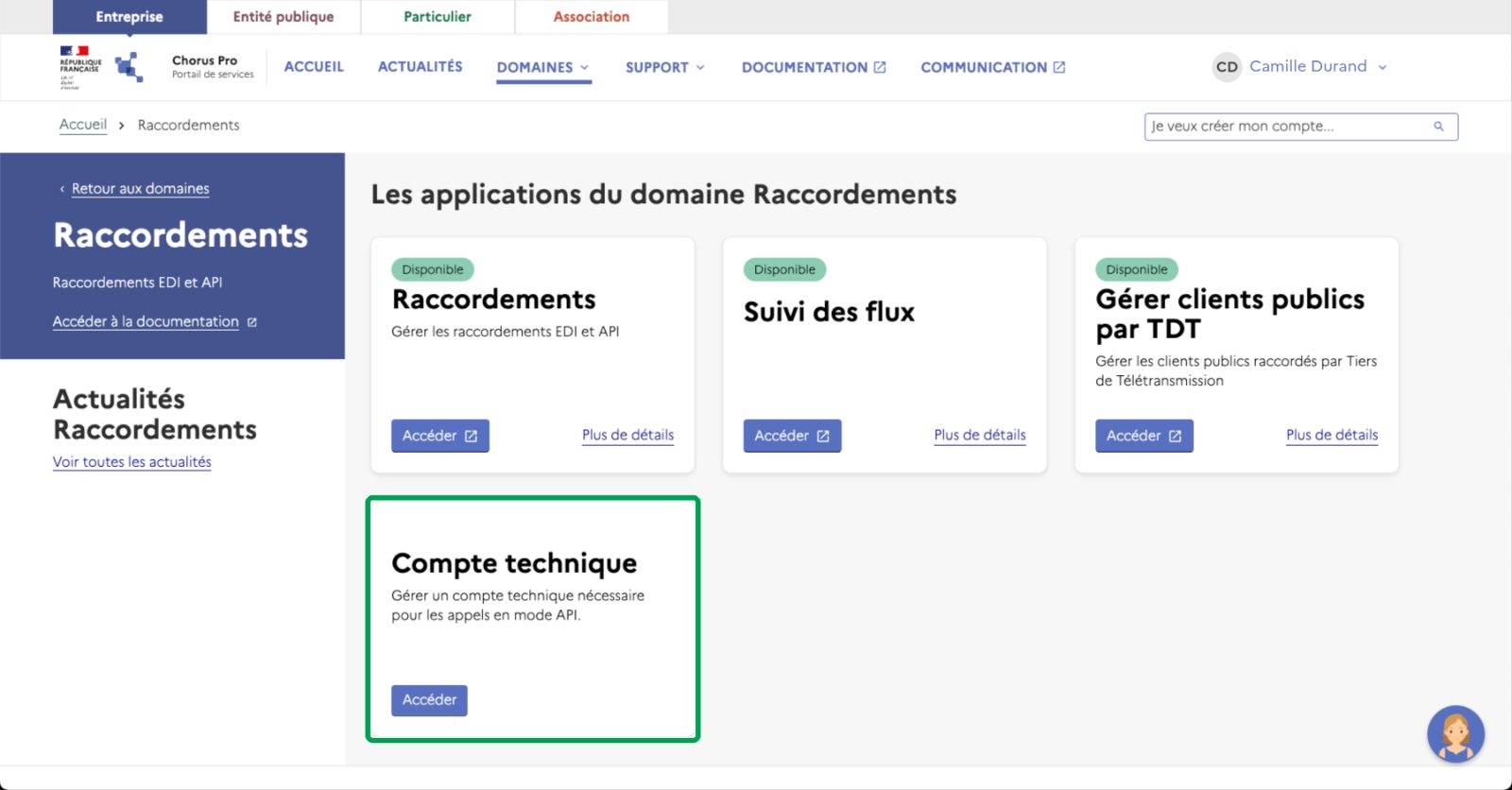 Chorus Pro, l'application Compte technique dans le domaine Raccordements