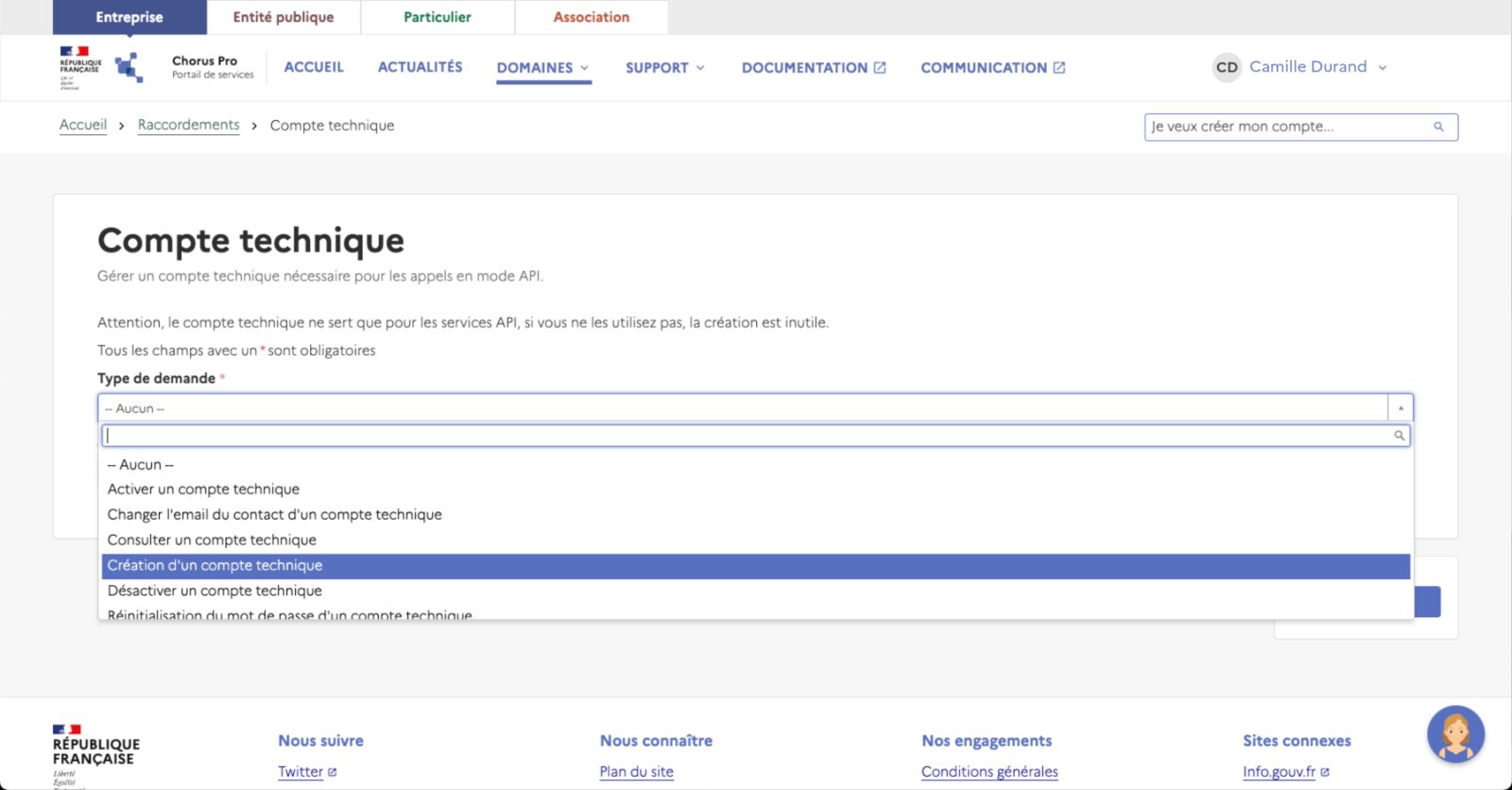 Chorus Pro, formulaire de demande de création d'un compte technique